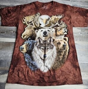 The Mountain Men's Medium Brown Tie Dye Tshirt Moose Eagle Wolf Bear